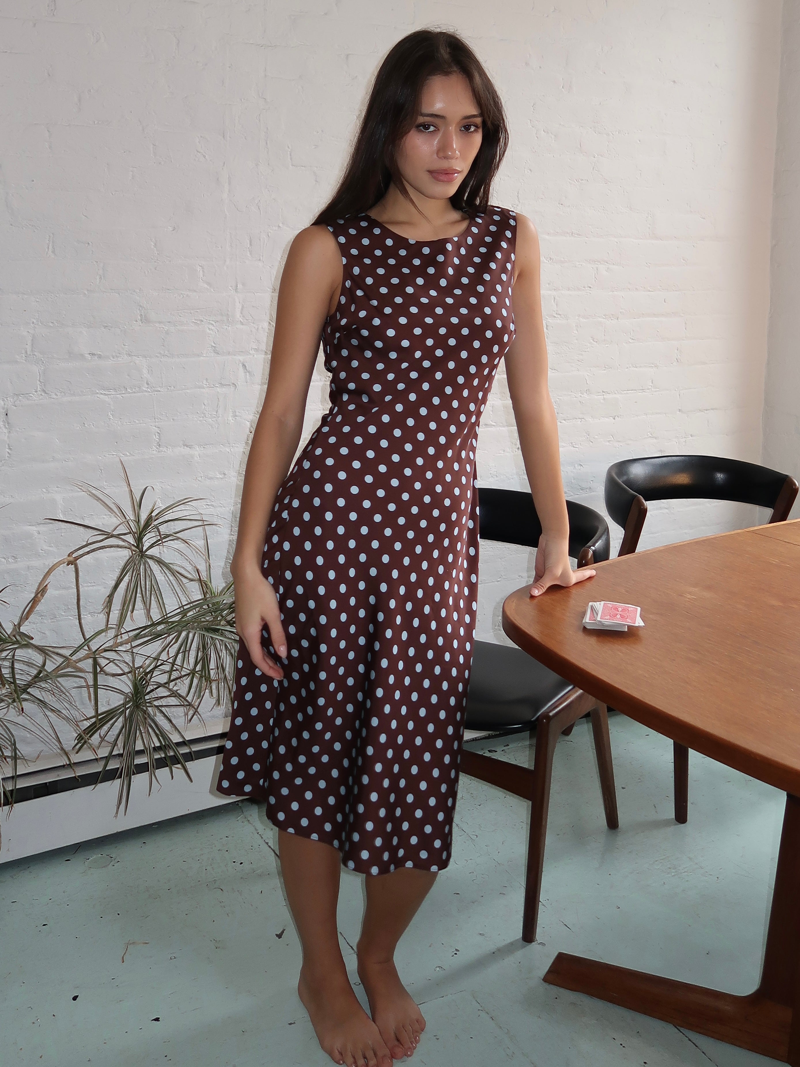 brown polka dot shift dress Talbots Brown Polka Dot Pure Silk Sleeveless Midi Shift Dress Women's Sz 8