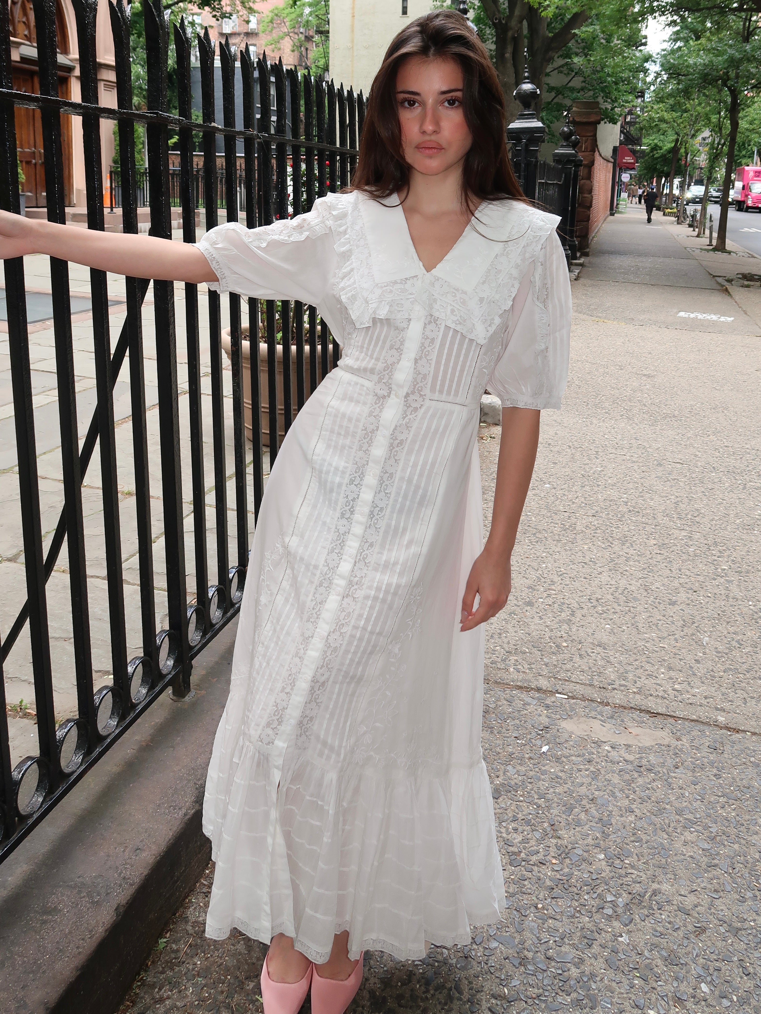 RIXO Edina Embroidered Cotton Midi Pansy Embroidery White