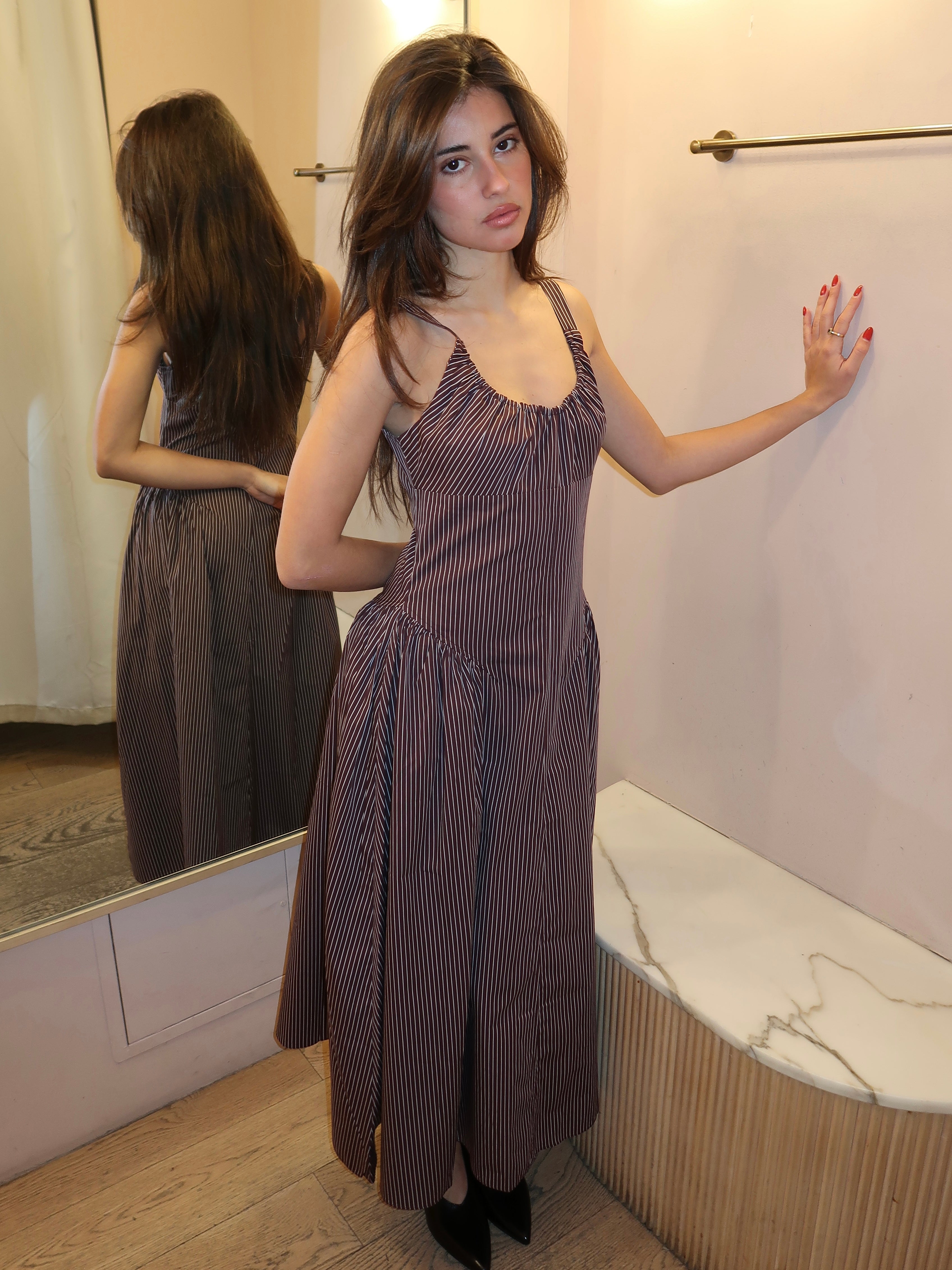 Olas Midi Dress in Rocio Pinstripe Chocolate Plum – Isalis Olas Midi Dress in Rocio Pinstripe Chocolate Plum – Isalis