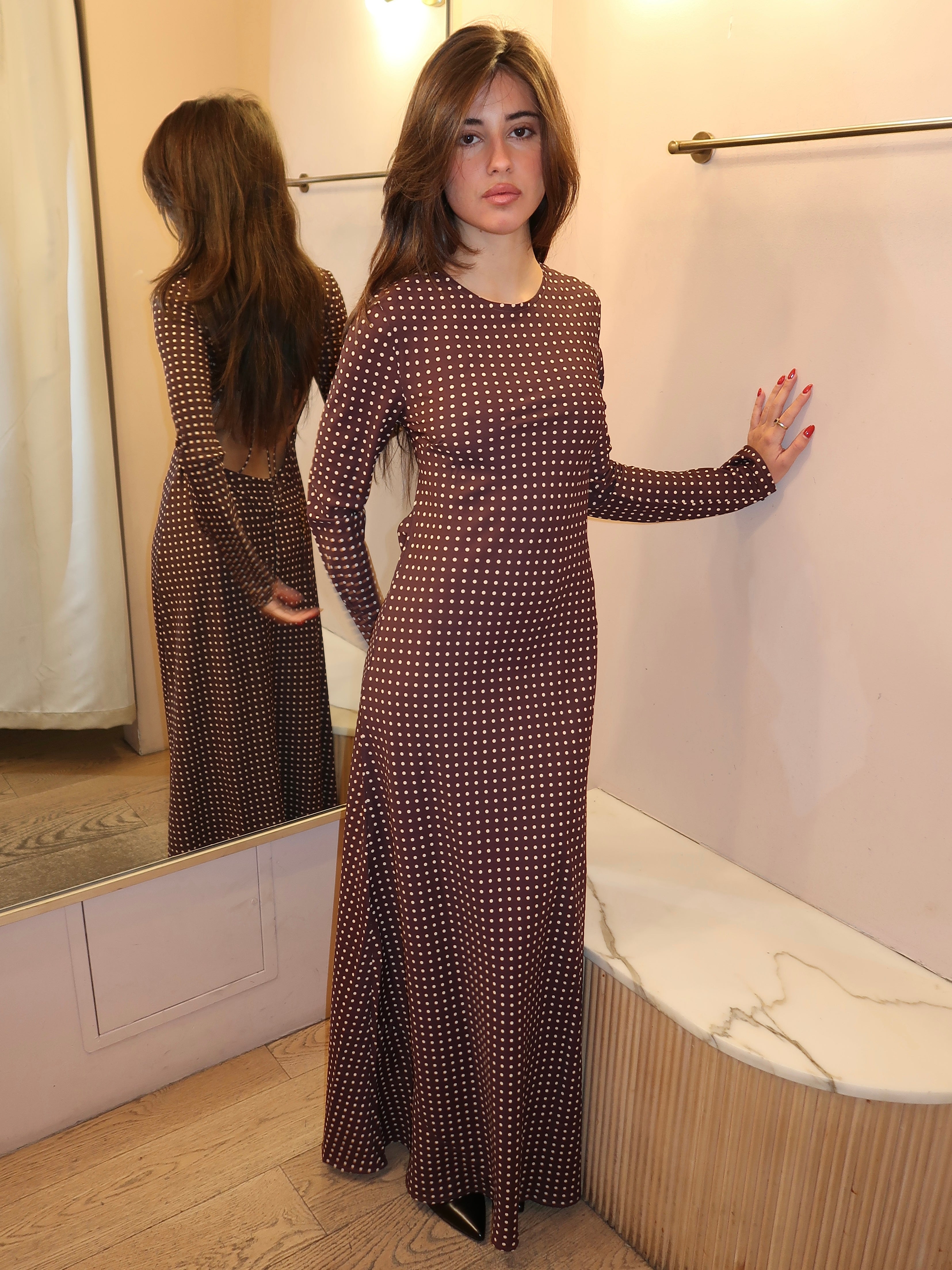 Mesa Maxi Dress in Polkadot Chocolate Plum  Isalis