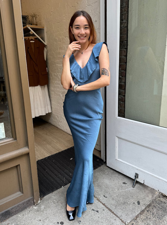 Venus Satin Maxi Dress in Blue