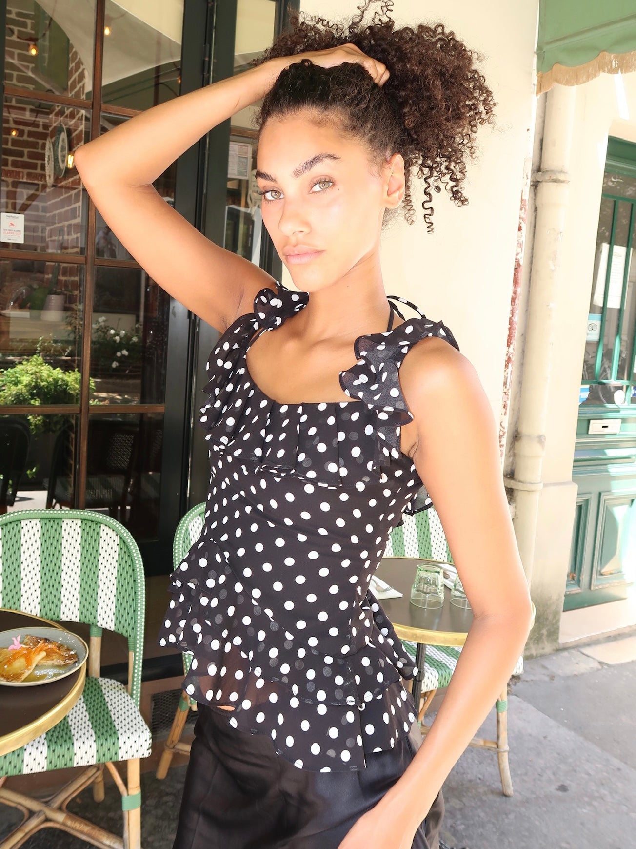 Carlson Ruffle Top in B&W Polka Dot