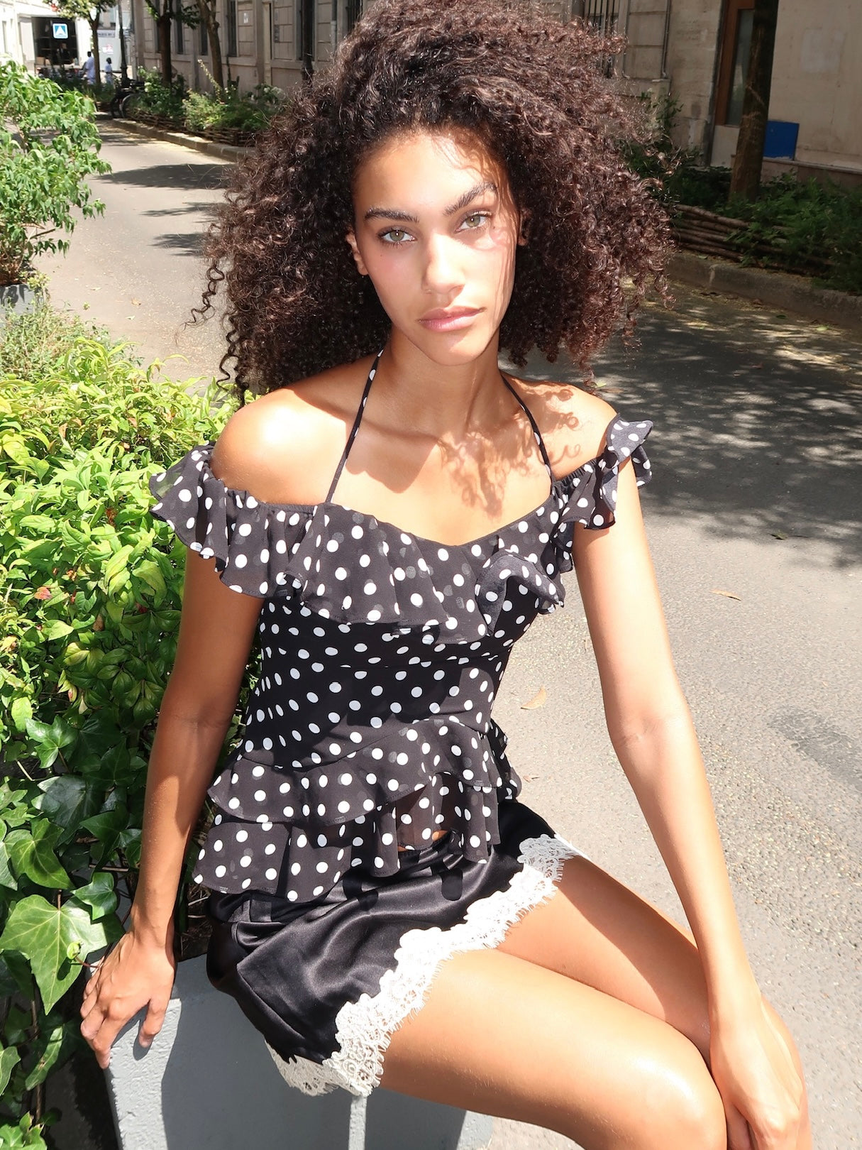 Carlson Ruffle Top in B&W Polka Dot