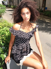 Carlson Ruffle Top in B&W Polka Dot