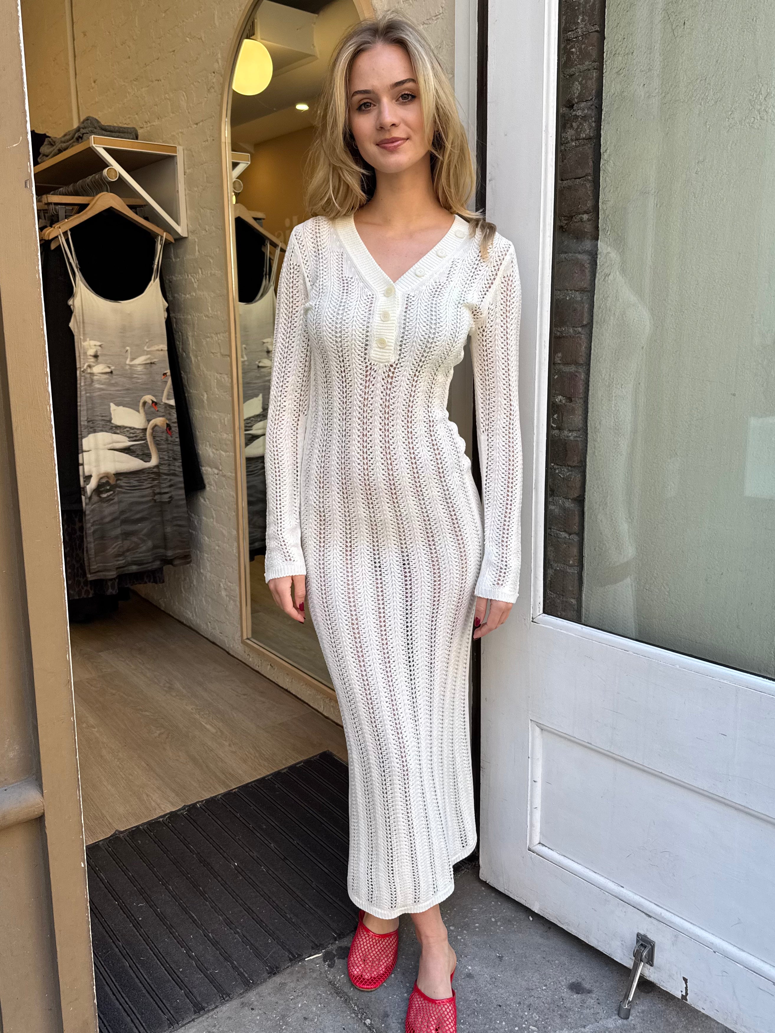 Magee Long Sleeve Knit Dress in Off-White Magee Long Sleeve Knit Dress in Off-White