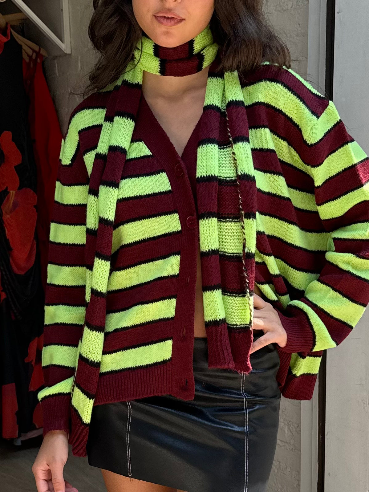 Patricia Knit Scarf in Greeni Bordeux Stripe – Isalis
