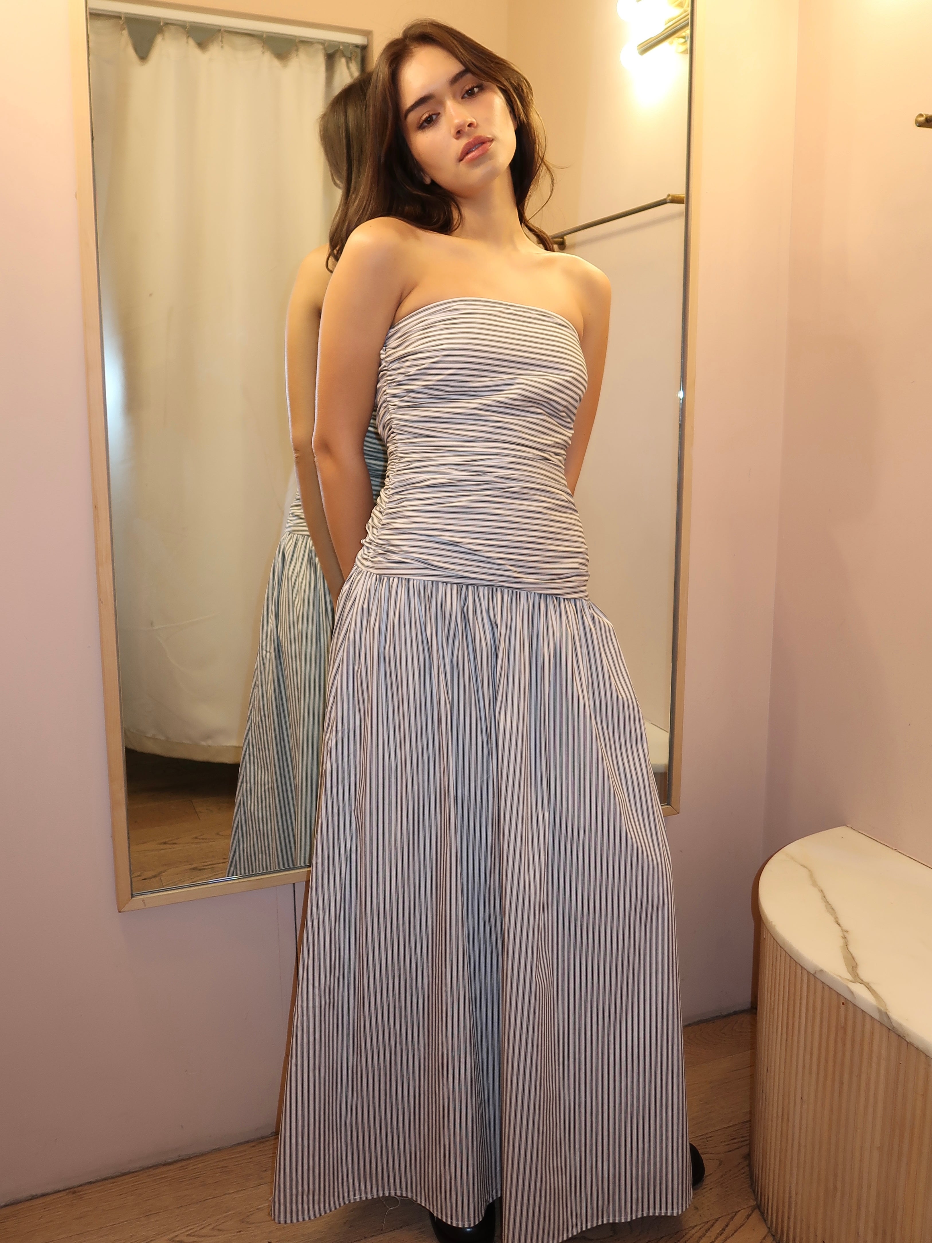 Haydon Strapless Midi Dress in Grey Stripe Haydon Strapless Midi Dress in Grey Stripe