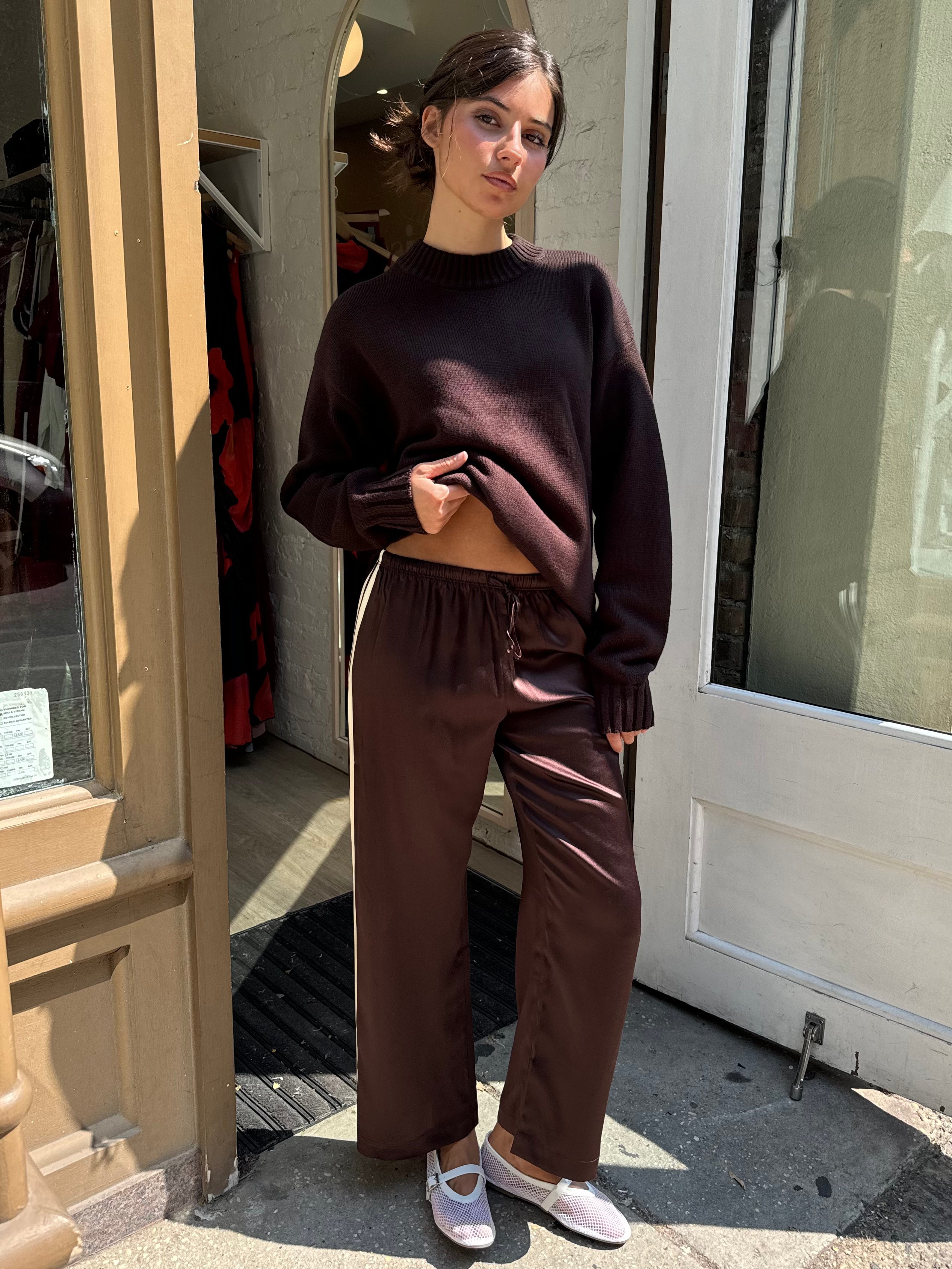 The Silk Stripe Crop Pant in Espresso