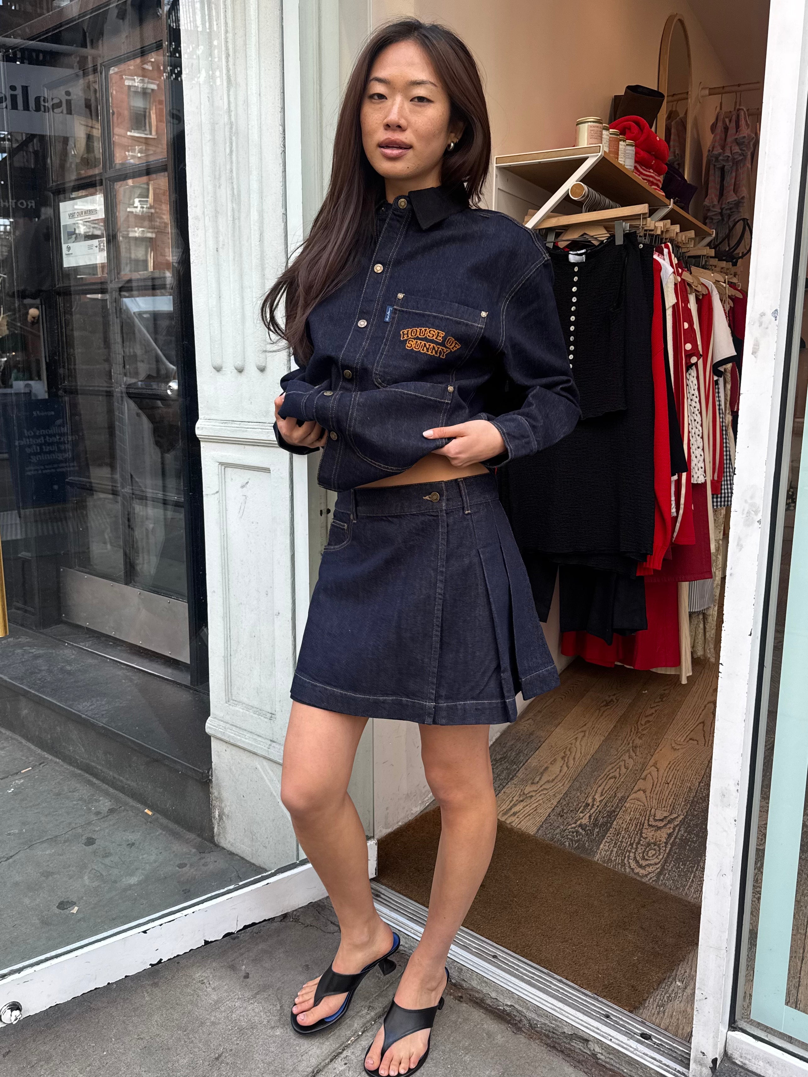 Mini Pleated Denim Skirt in Indigo