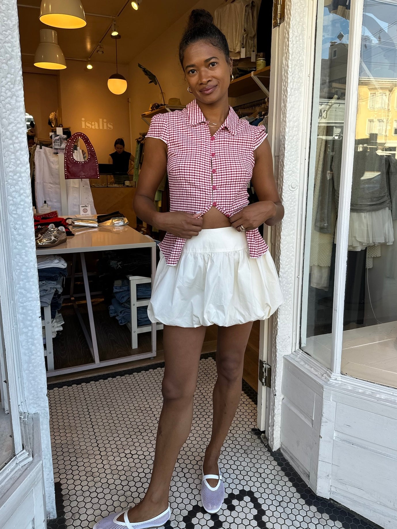 white shirt with pink polka dots