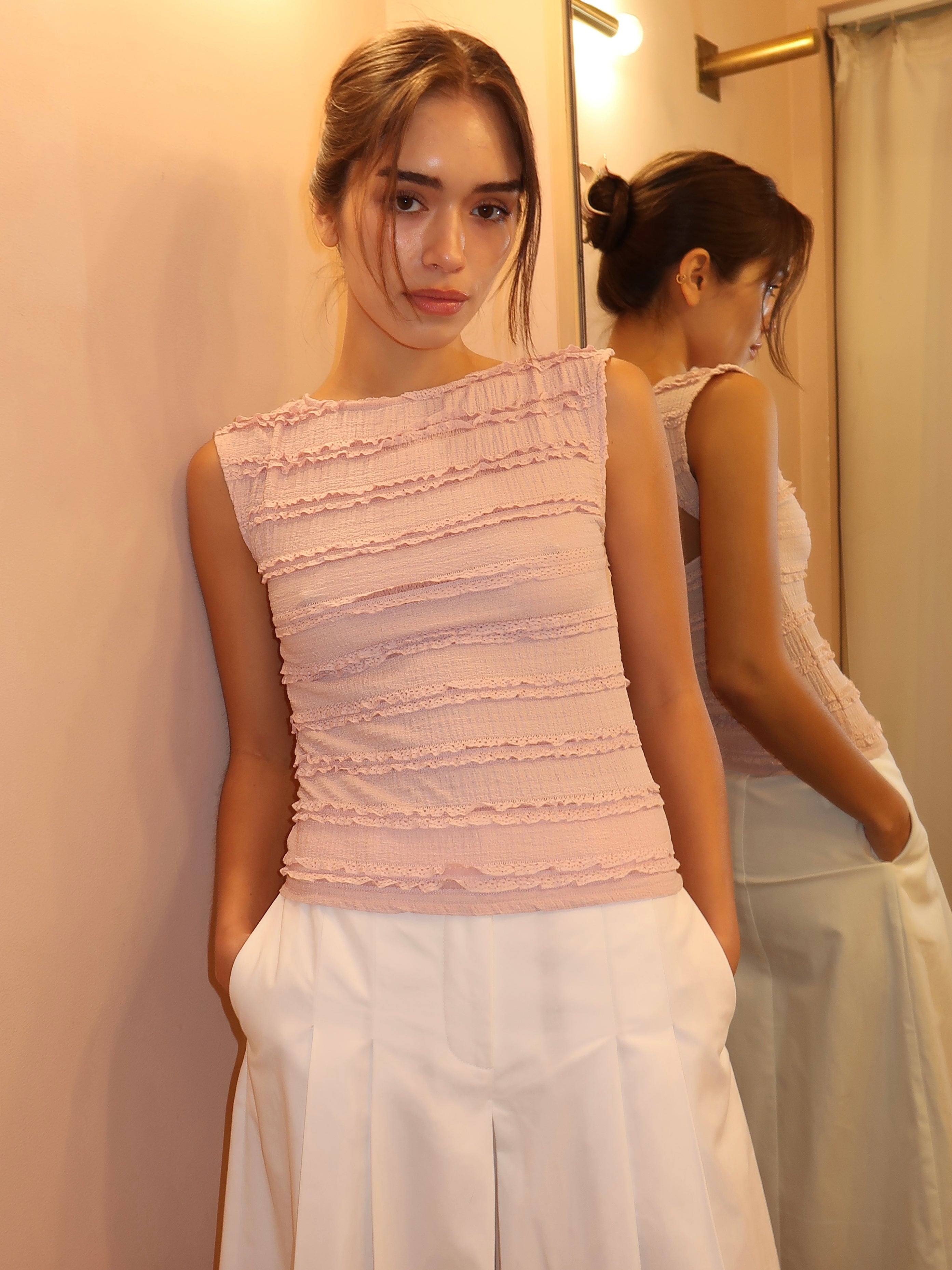 Lyla Lace Boat Neck Top in Dusty Pink