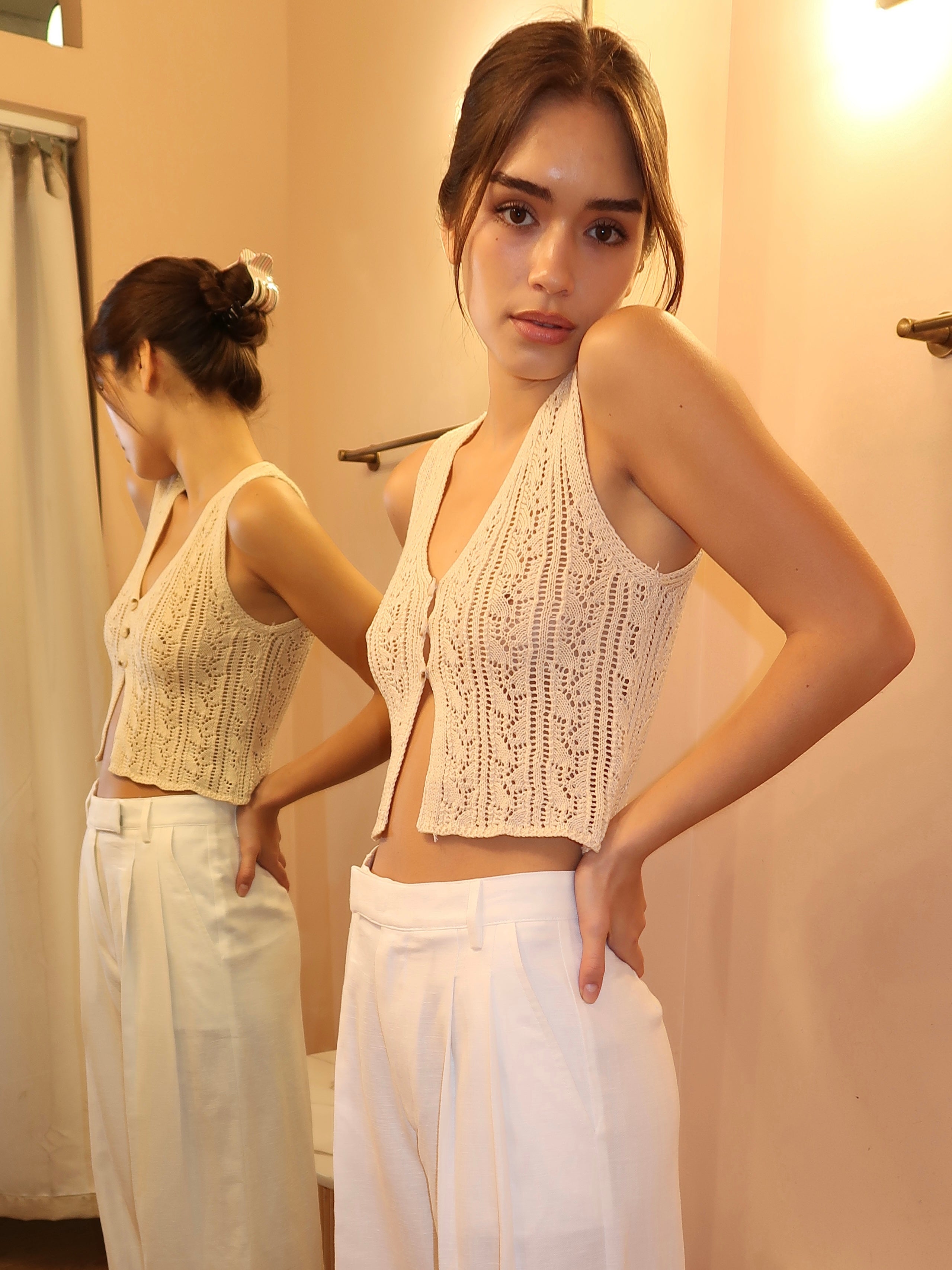 Carrol Crochet Vest Top in Tan