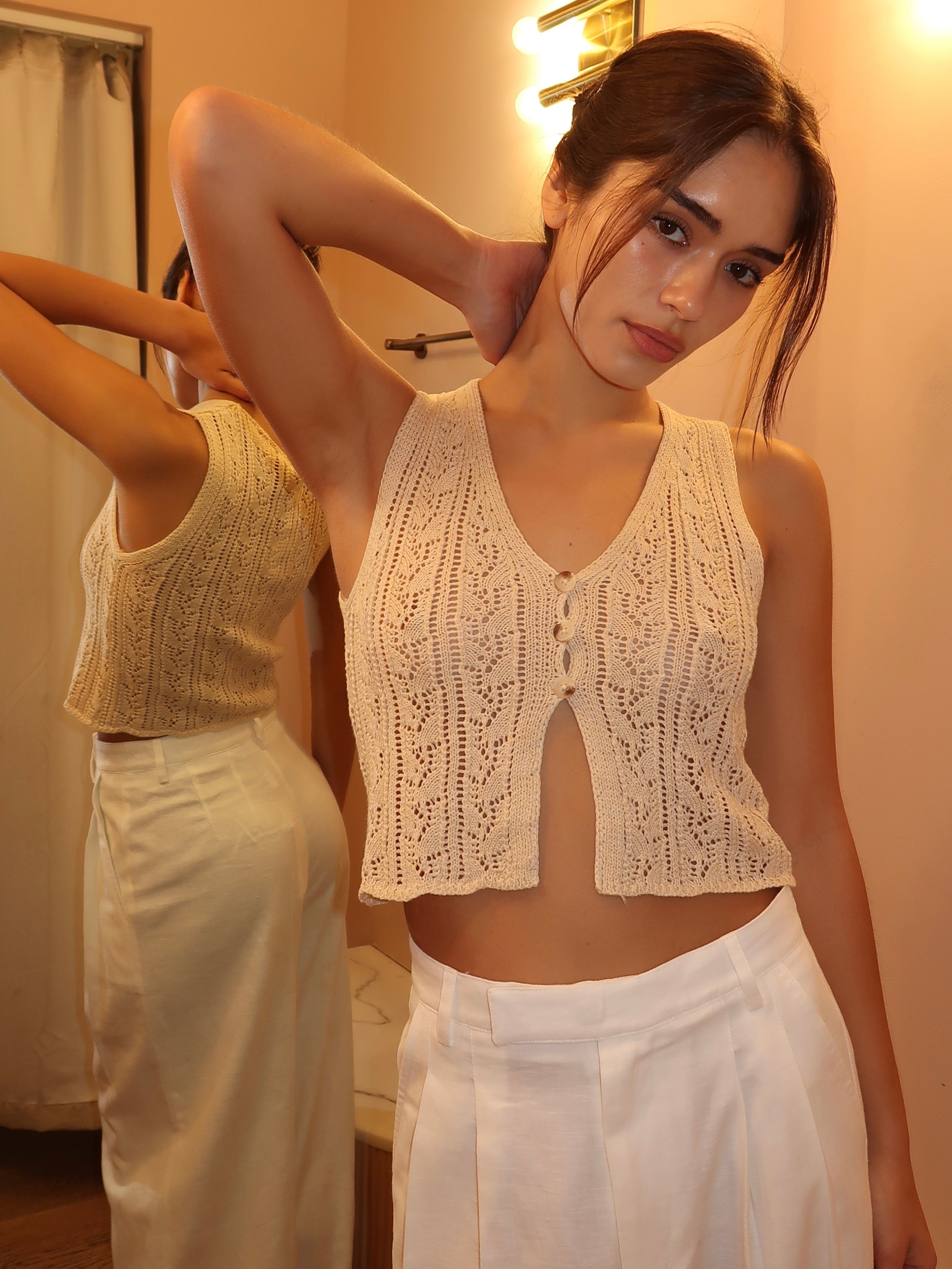 Carrol Crochet Vest Top in Tan