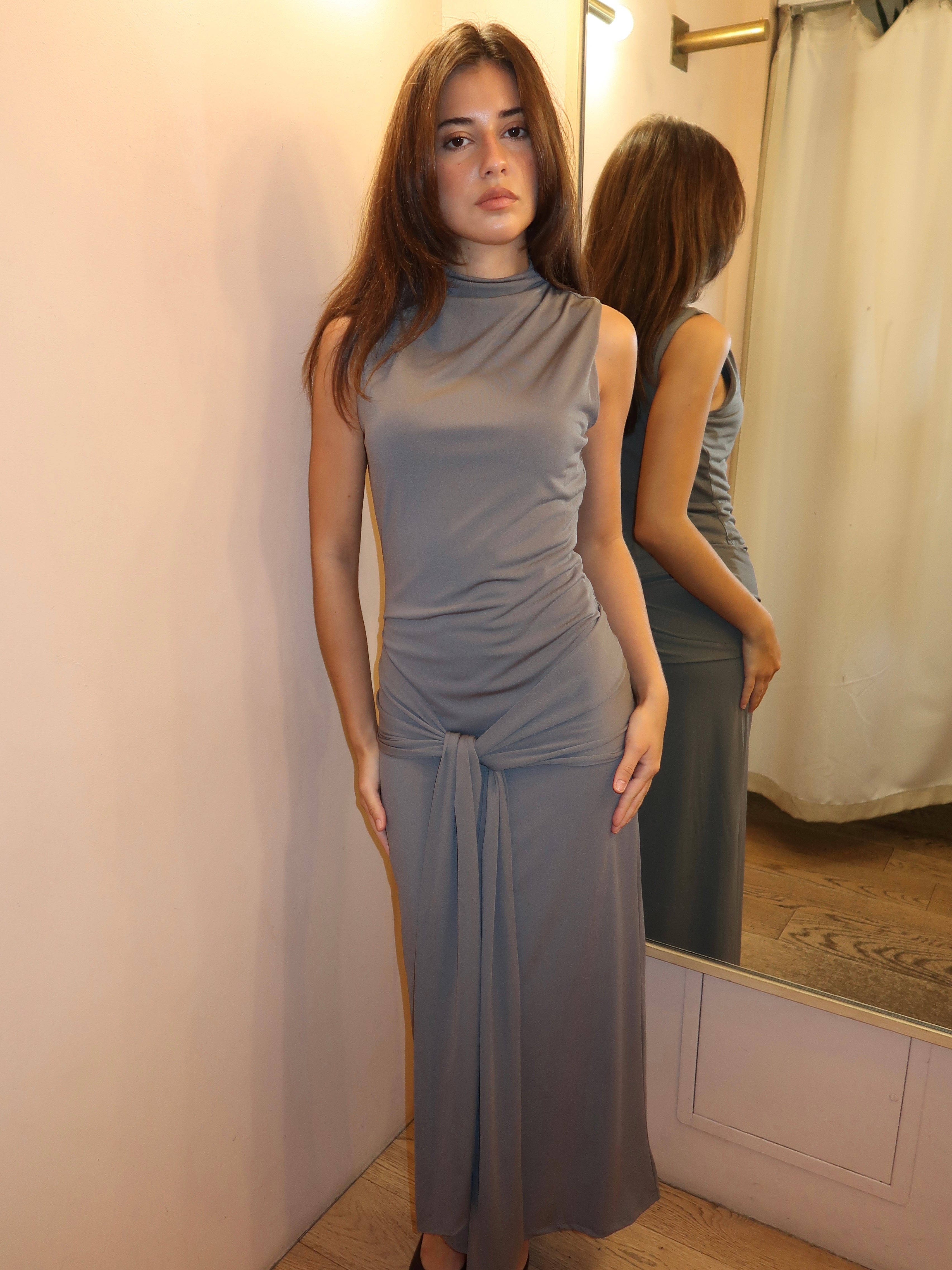 buy grey dress Women's Tanya Off The Shoulder Sweater Maxi Dress in Heather Grey