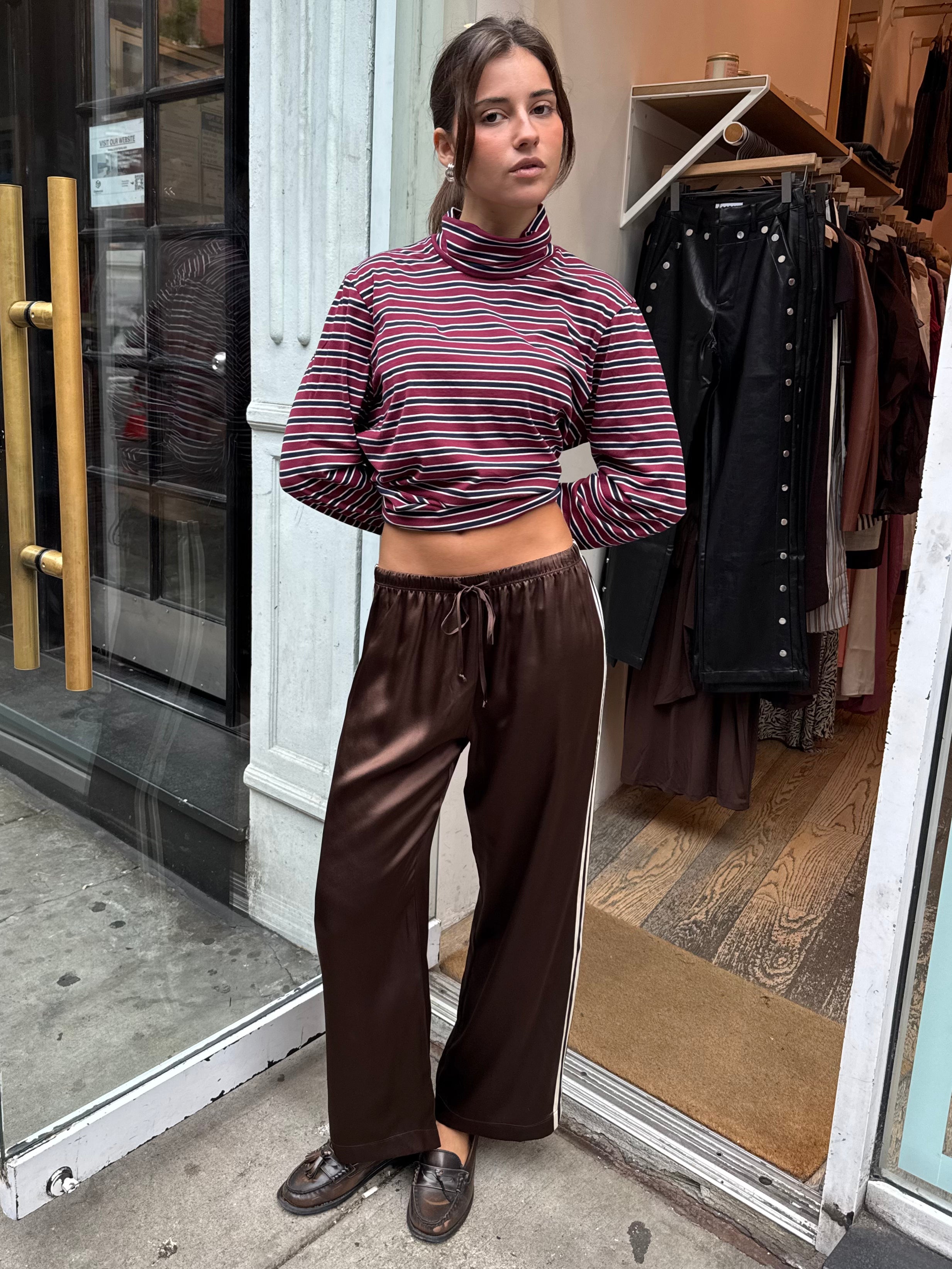 The Silk Stripe Crop Pant in Espresso