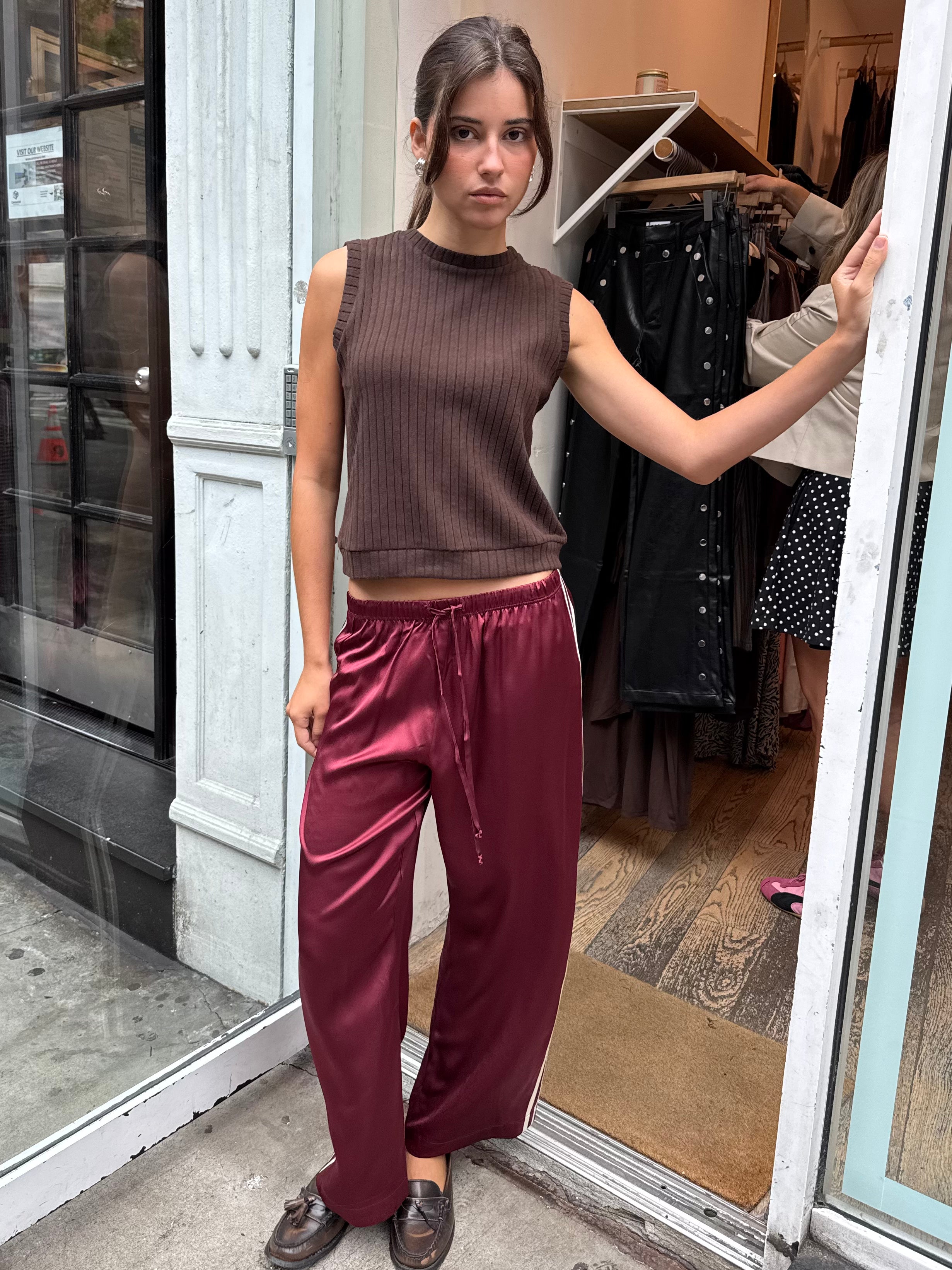 The Silk Stripe Crop Pant in Oxblood