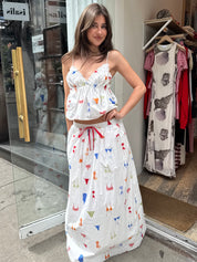 Poplin Maxi Skirt in White Bikini Print