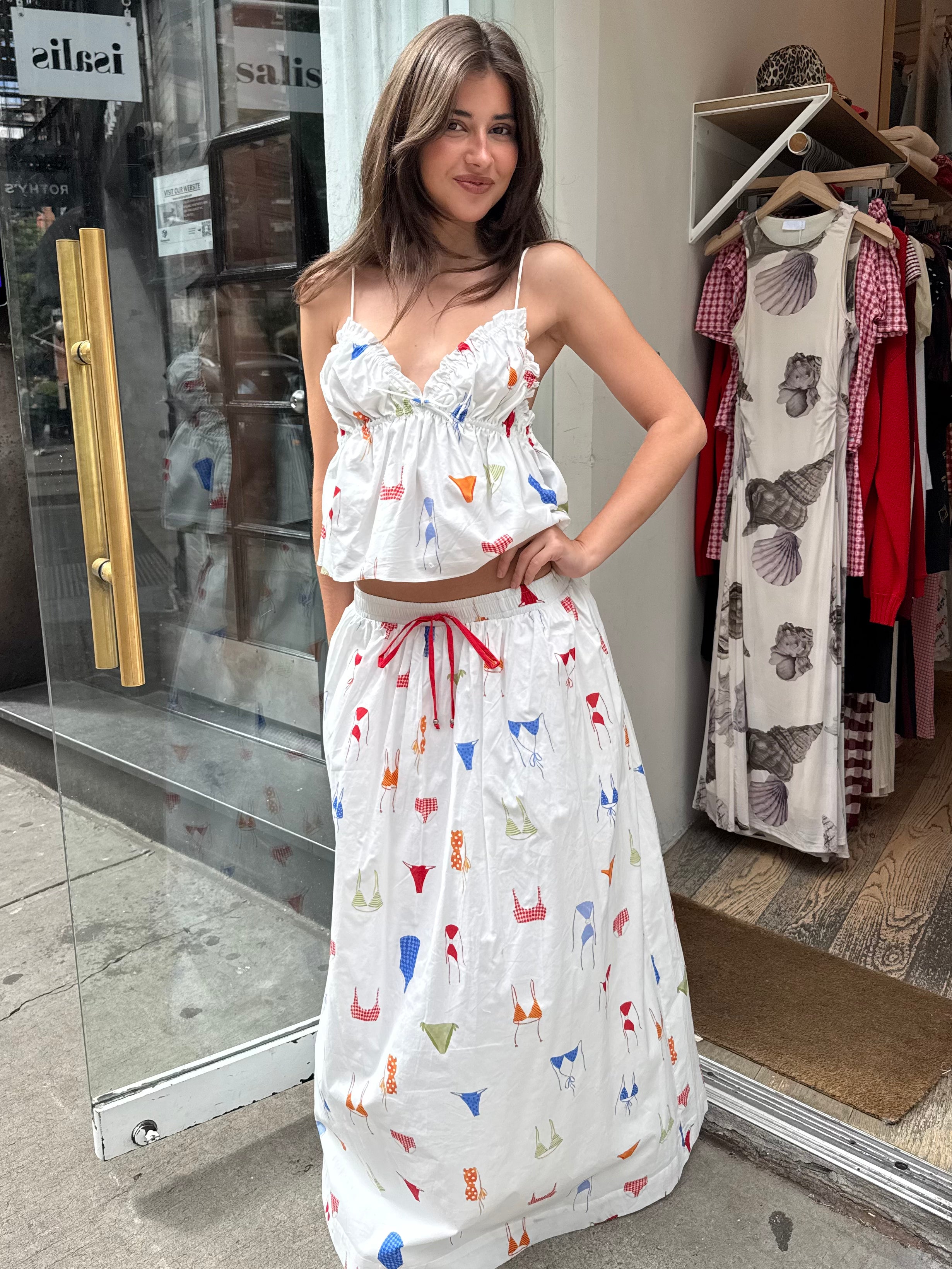 Poplin Maxi Skirt in White Bikini Print