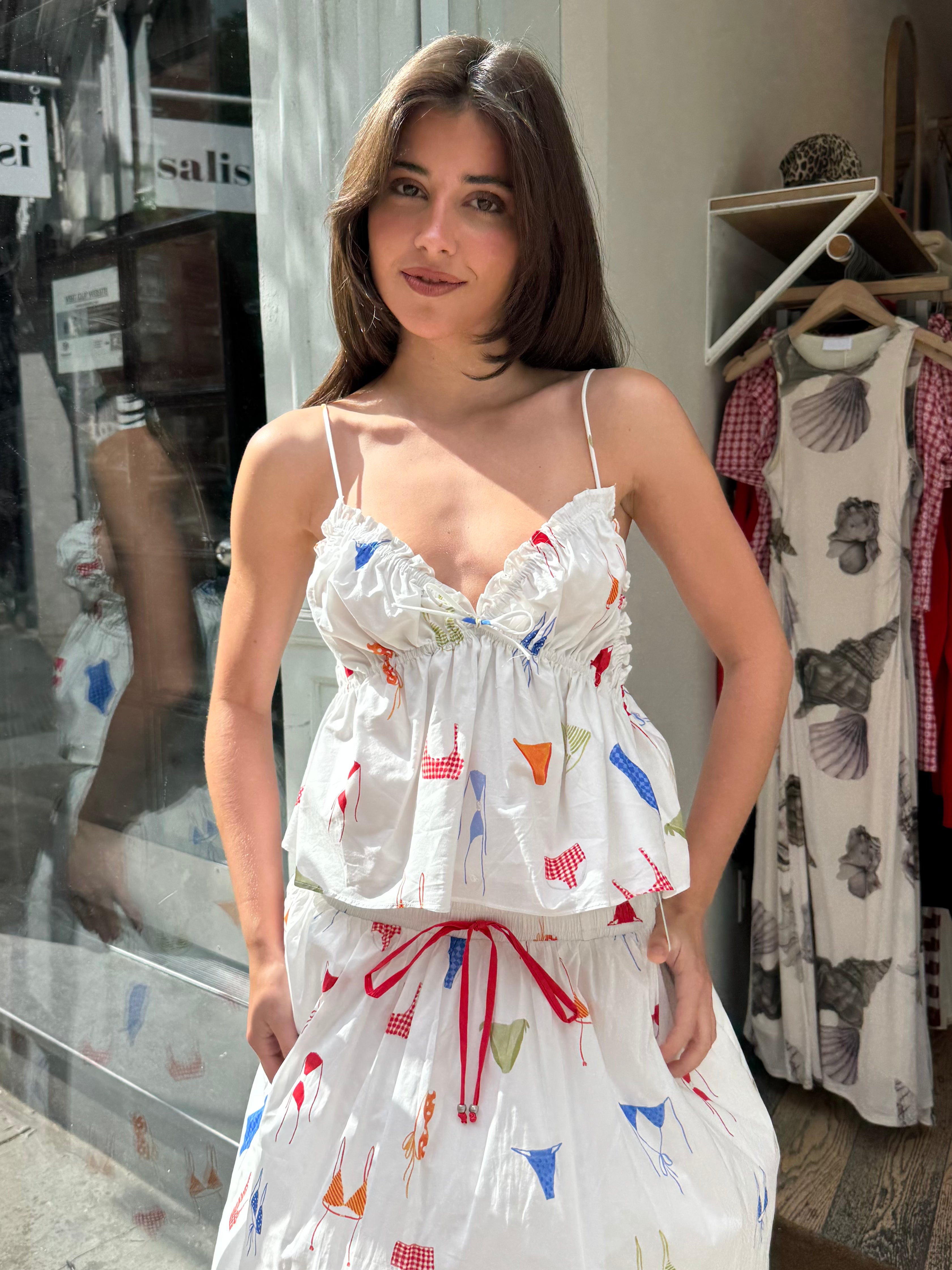 Poplin Babydoll Top in White Bikini Print