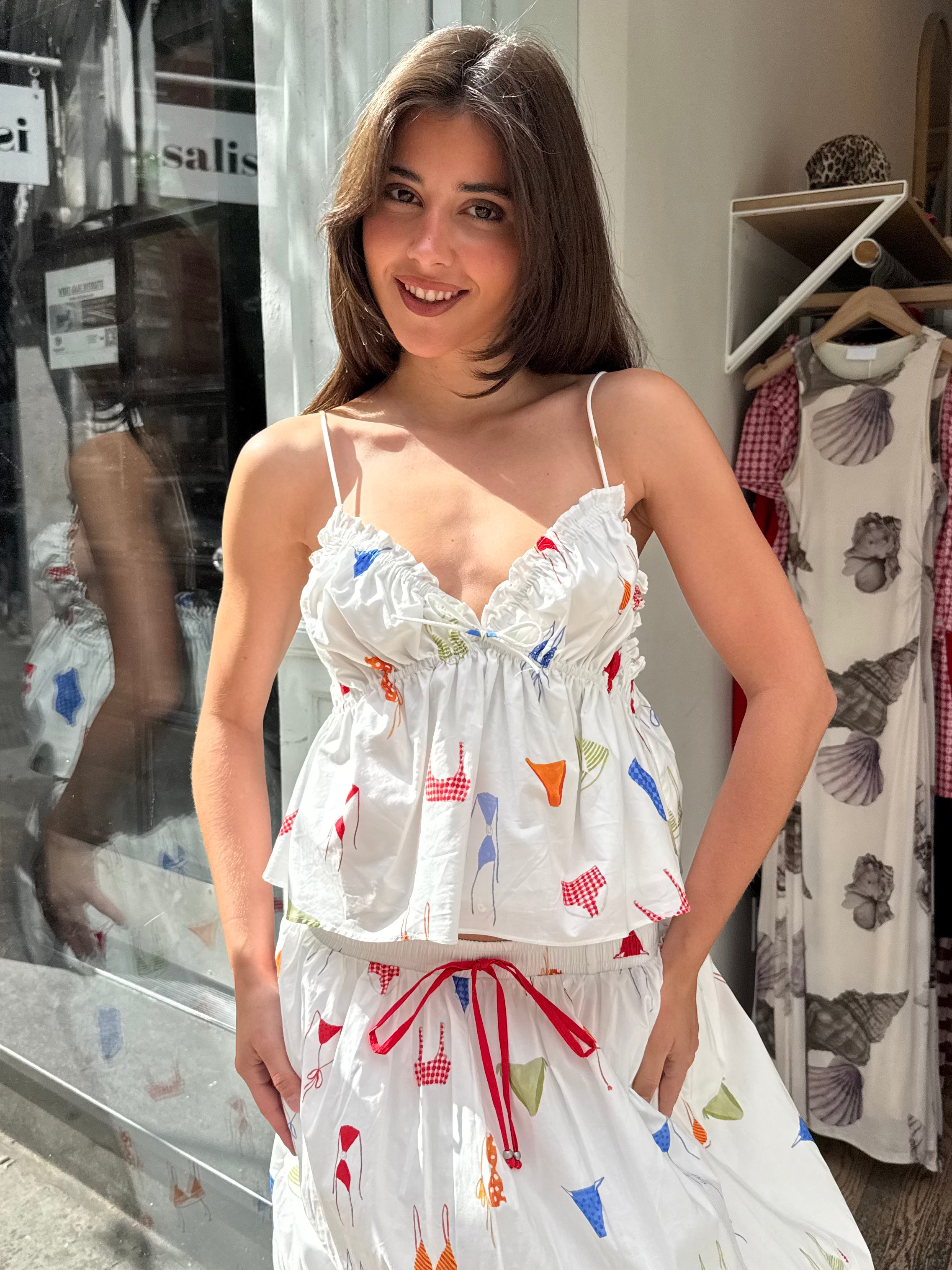 Poplin Babydoll Top in White Bikini Print