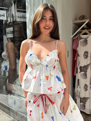 Poplin Babydoll Top in White Bikini Print
