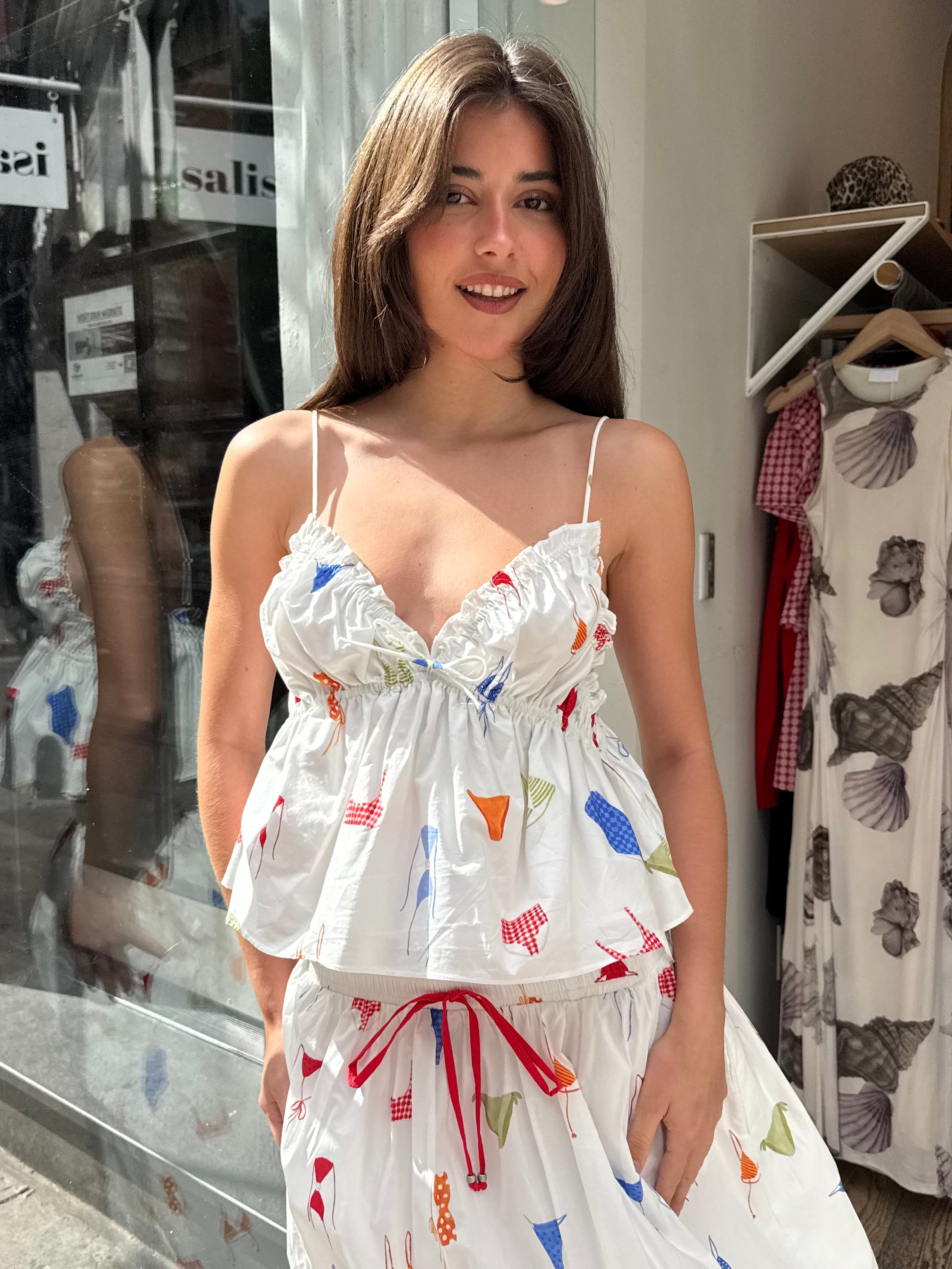 Poplin Babydoll Top in White Bikini Print