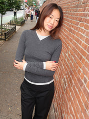 Organic Cotton V Neck Long Sleeve Top in Charcoal Melange