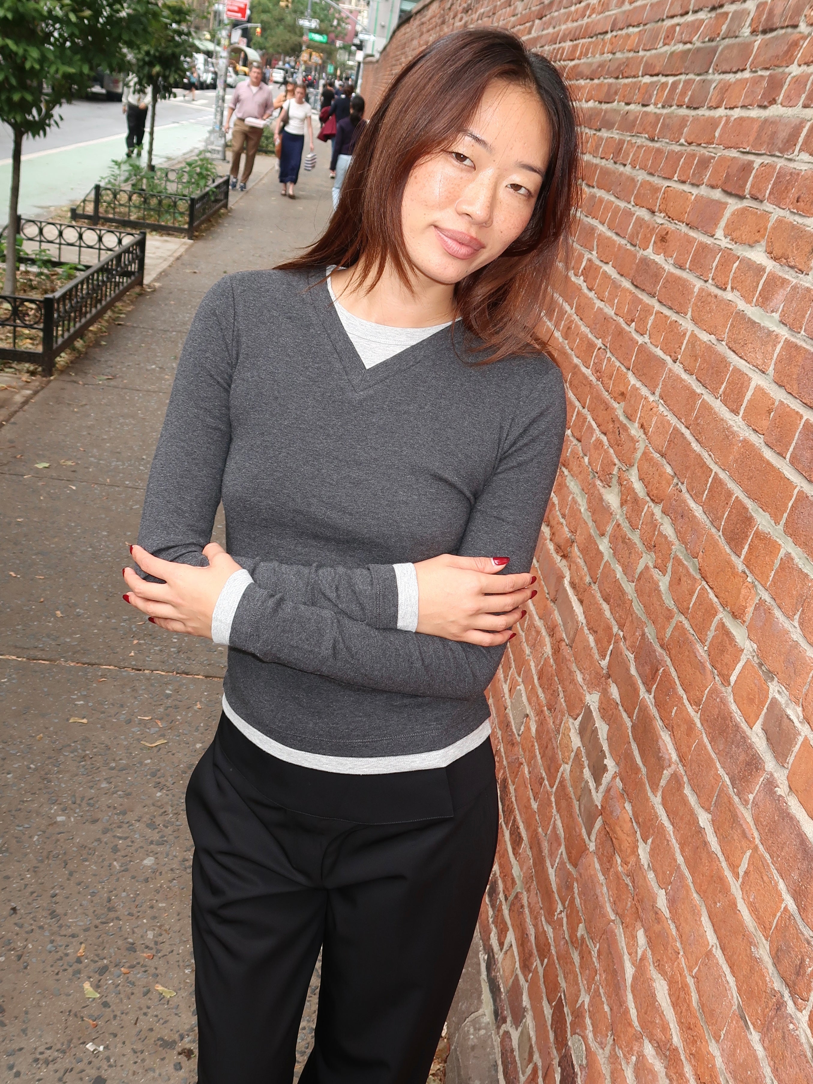 Organic Cotton V Neck Long Sleeve Top in Charcoal Melange