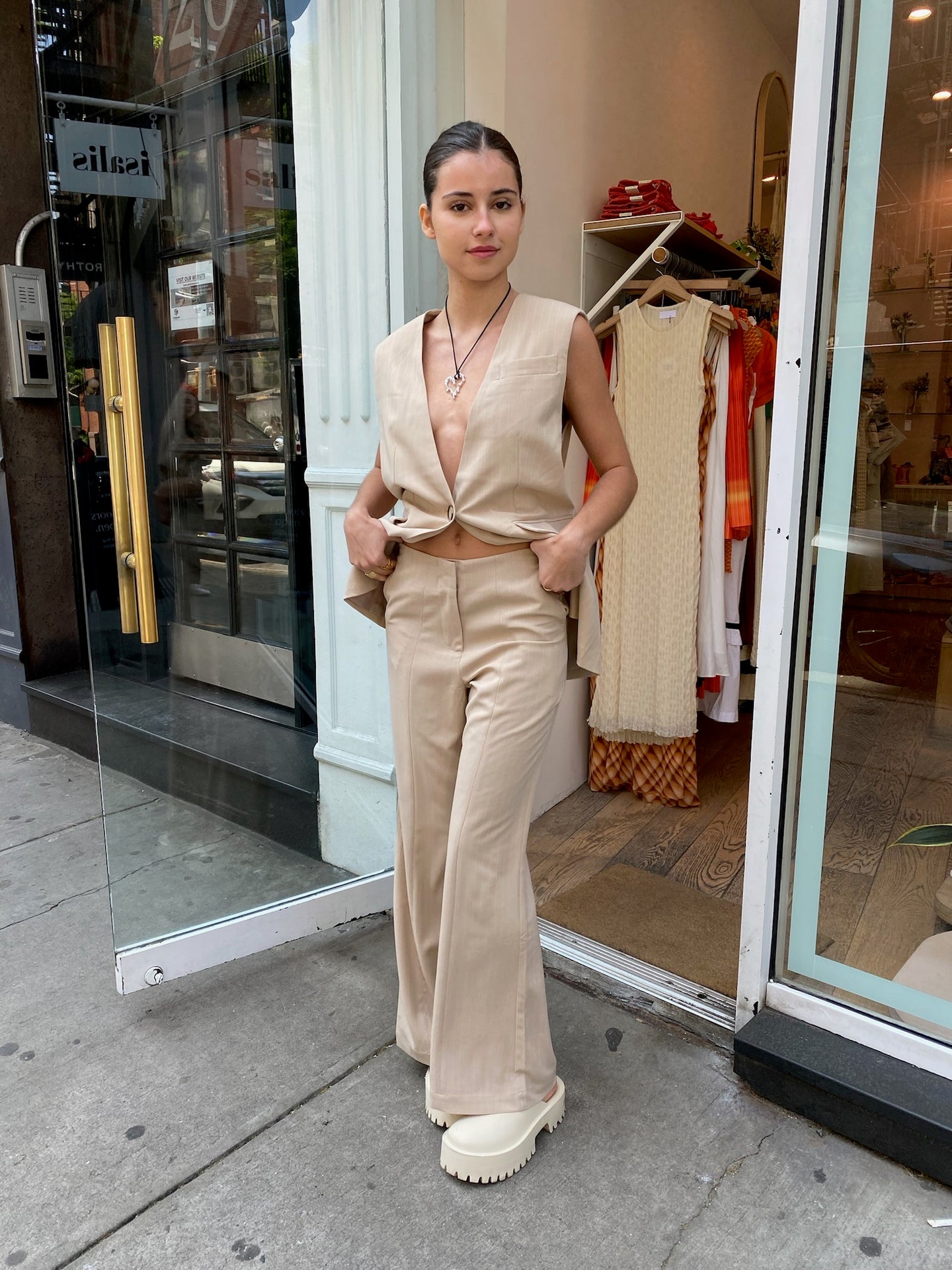 Jill Pinstripe Trousers in Taupe