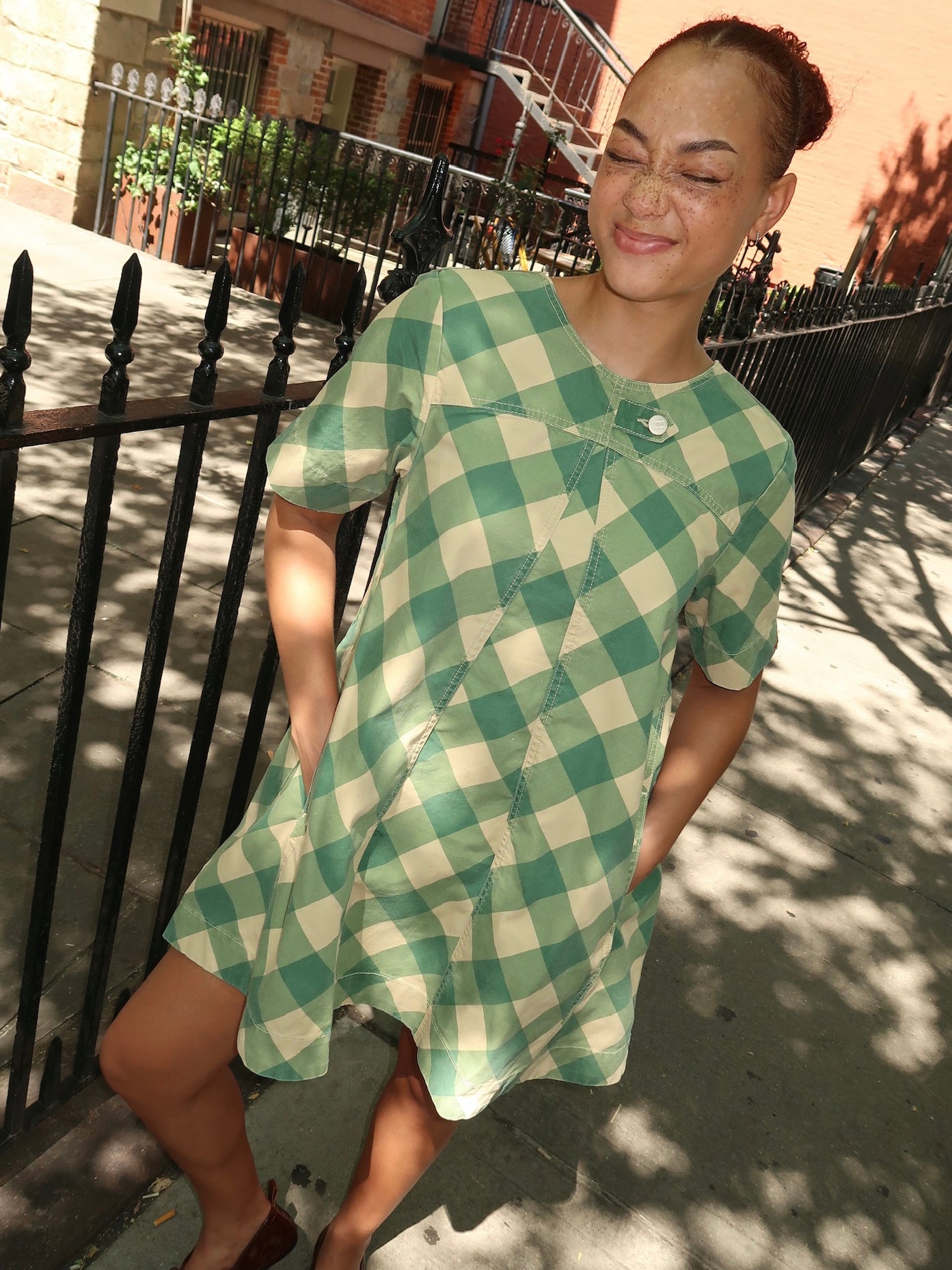 Bridget Mini Dress in Green Butter Gingham Multi