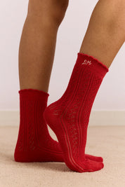 2 Pack Socks in Red & Cream Pointelle
