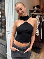 Aubrie High Neck Metal Ring Top in Black