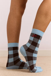 Gingham Socks in Pale Blue Chocolate