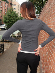 Organic Cotton V Neck Long Sleeve Top in Charcoal Melange