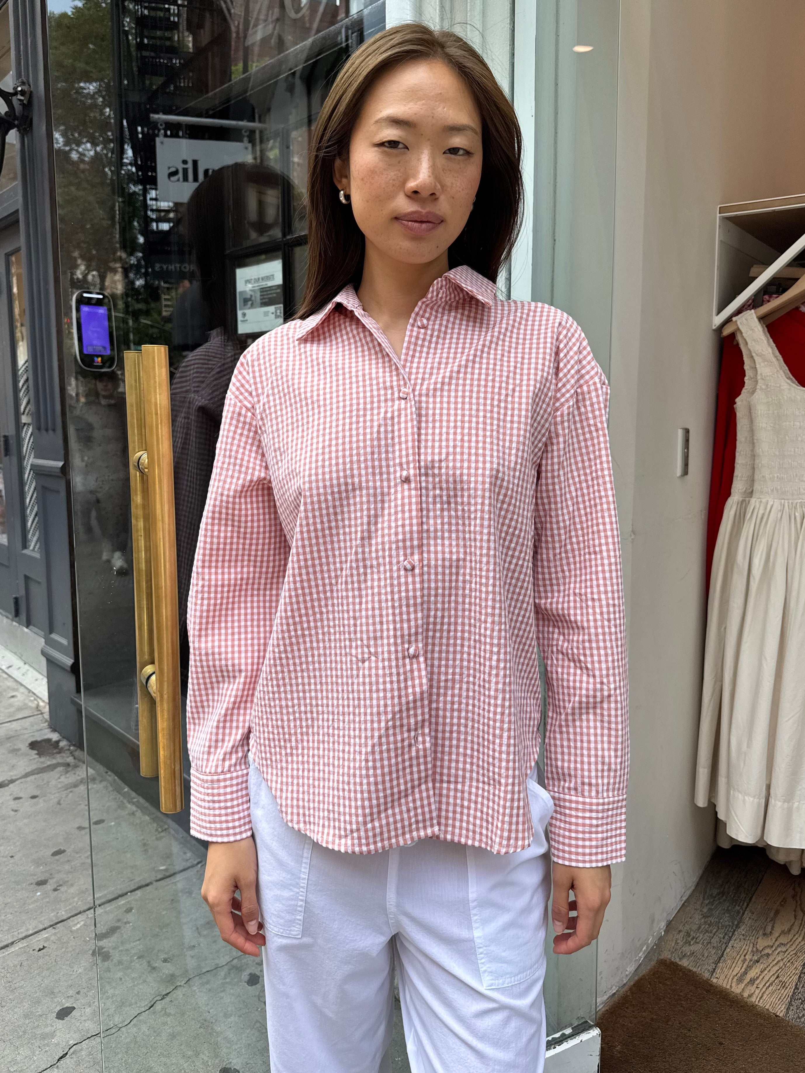 Yulissa Button Down Long Sleeve in Tomato Gingham