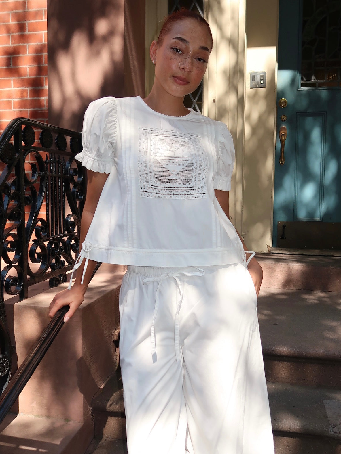 Mabel Lace Insert Blouse in Vintage White