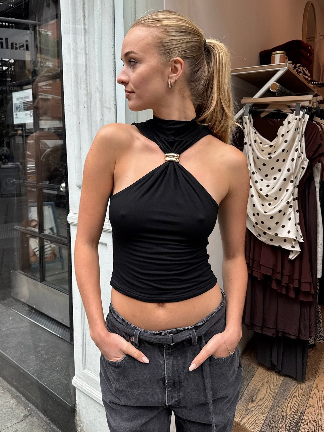 Aubrie High Neck Metal Ring Top in Black