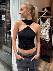 Aubrie High Neck Metal Ring Top in Black