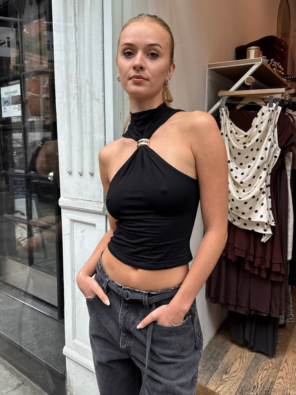 Aubrie High Neck Metal Ring Top in Black