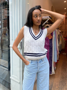 Varsity Cable Knit in White Navy