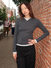 Organic Cotton V Neck Long Sleeve Top in Charcoal Melange