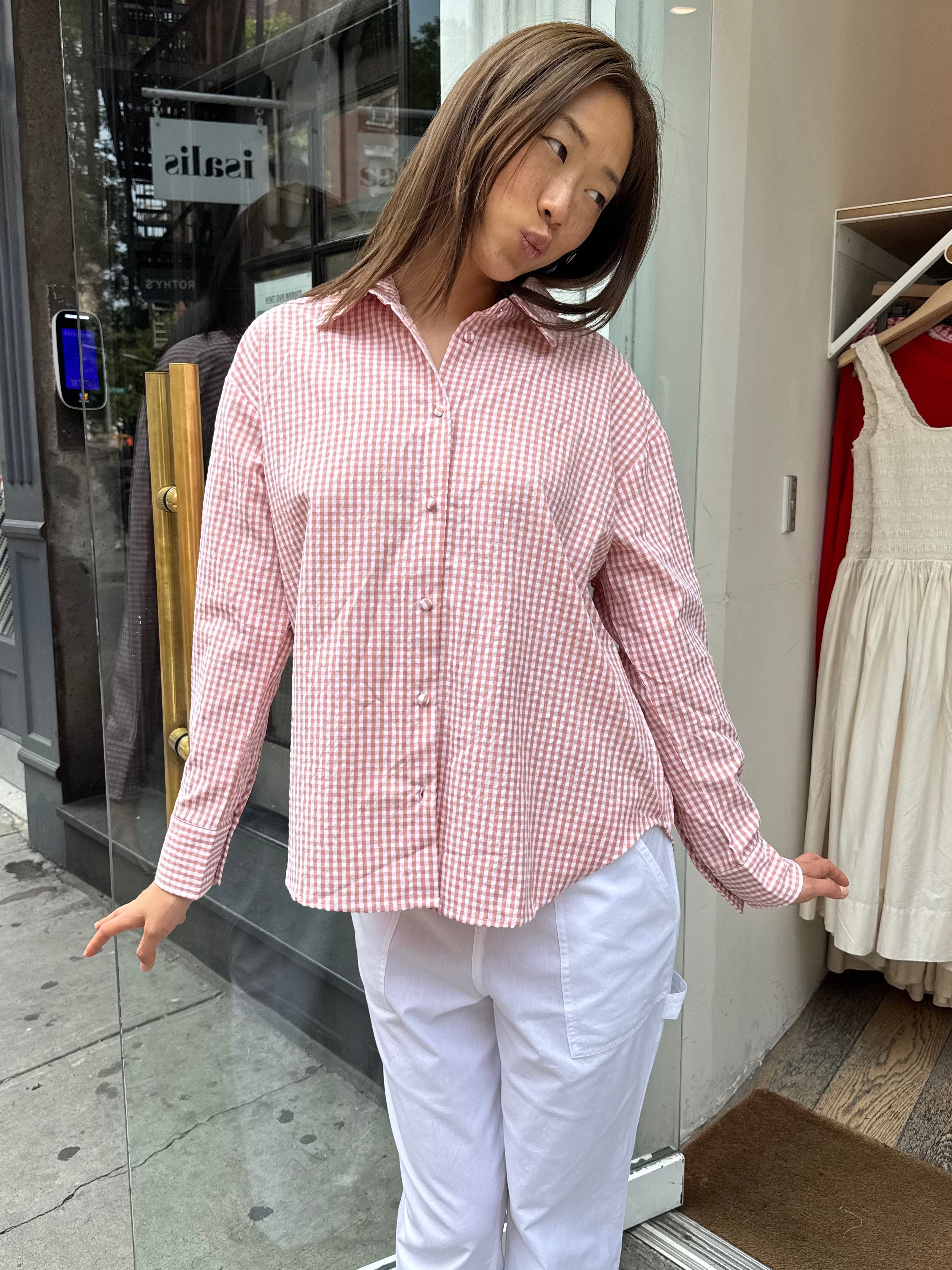Yulissa Button Down Long Sleeve in Tomato Gingham
