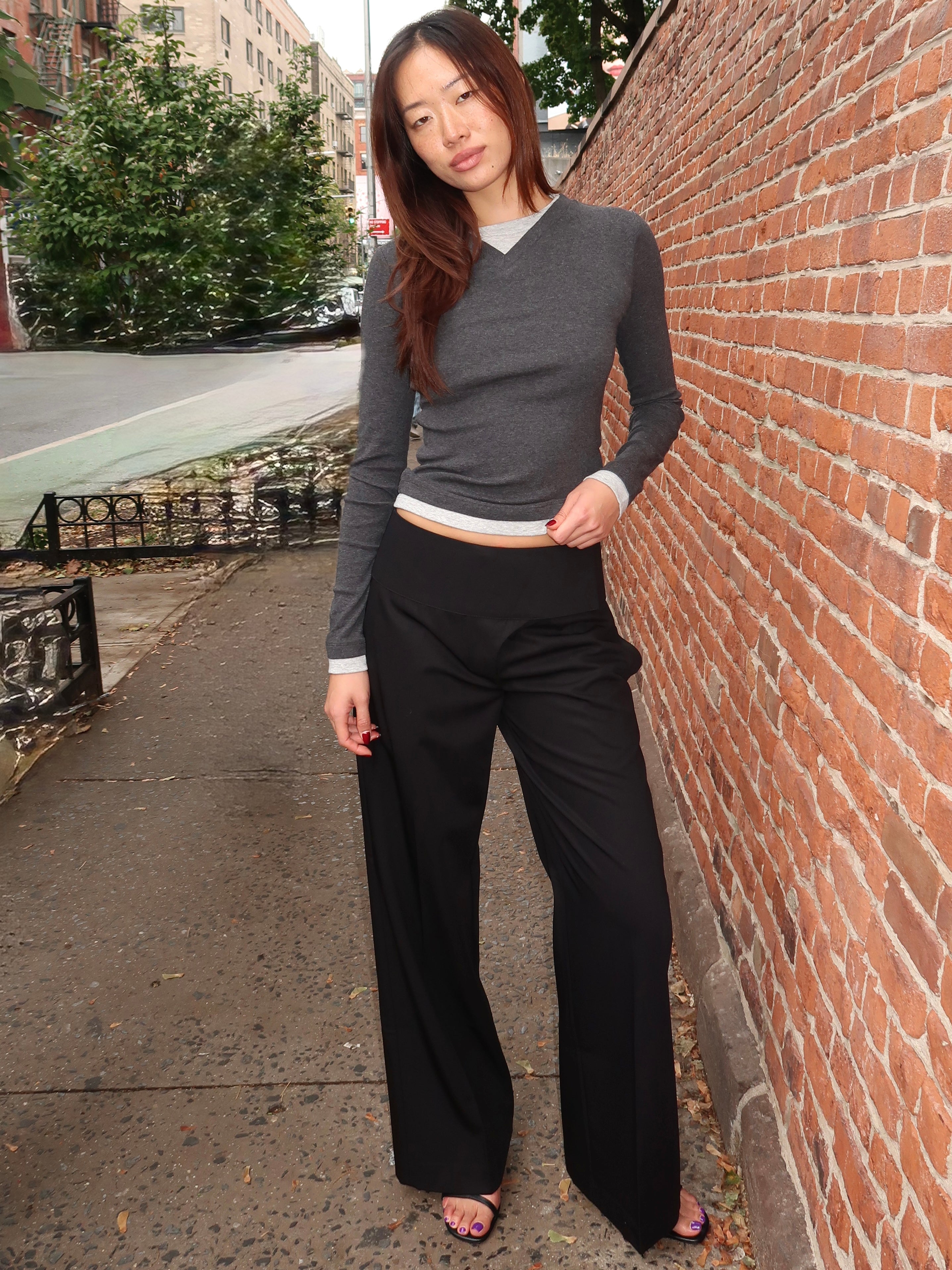 Wool Wide Waistband Pants in Black