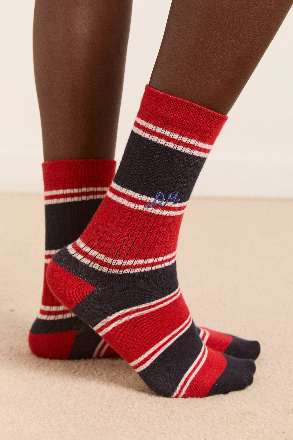 Sporty Calf Length Socks in Red Navy Multi