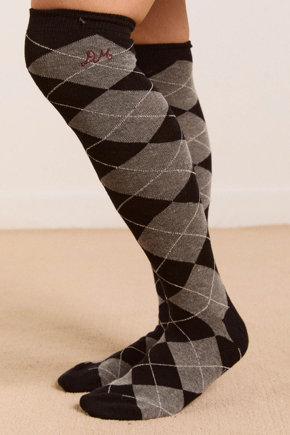 Knee High Argyle Socks in Grey Black
