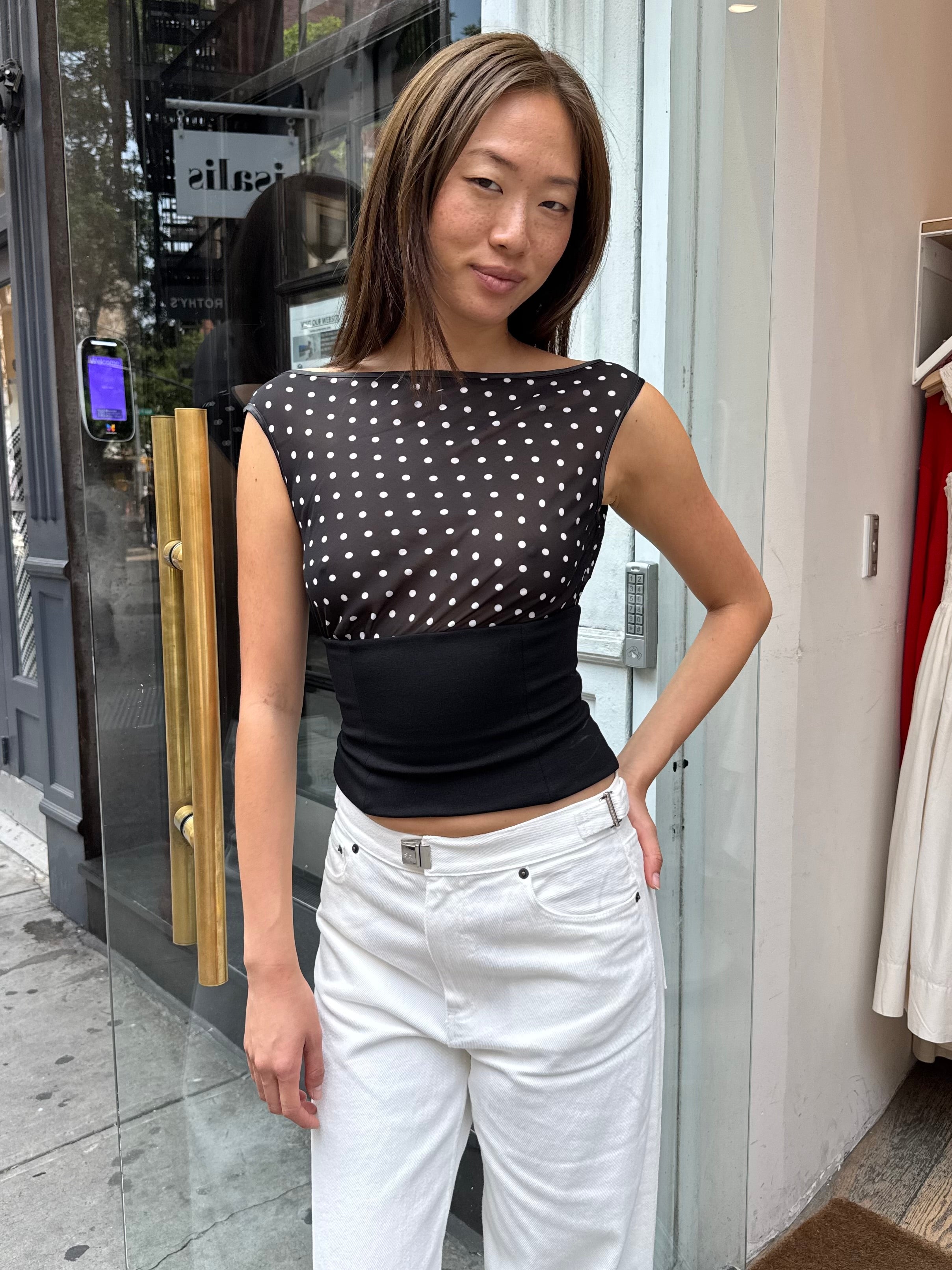 Kordell Neck Top in Black Polka Dot