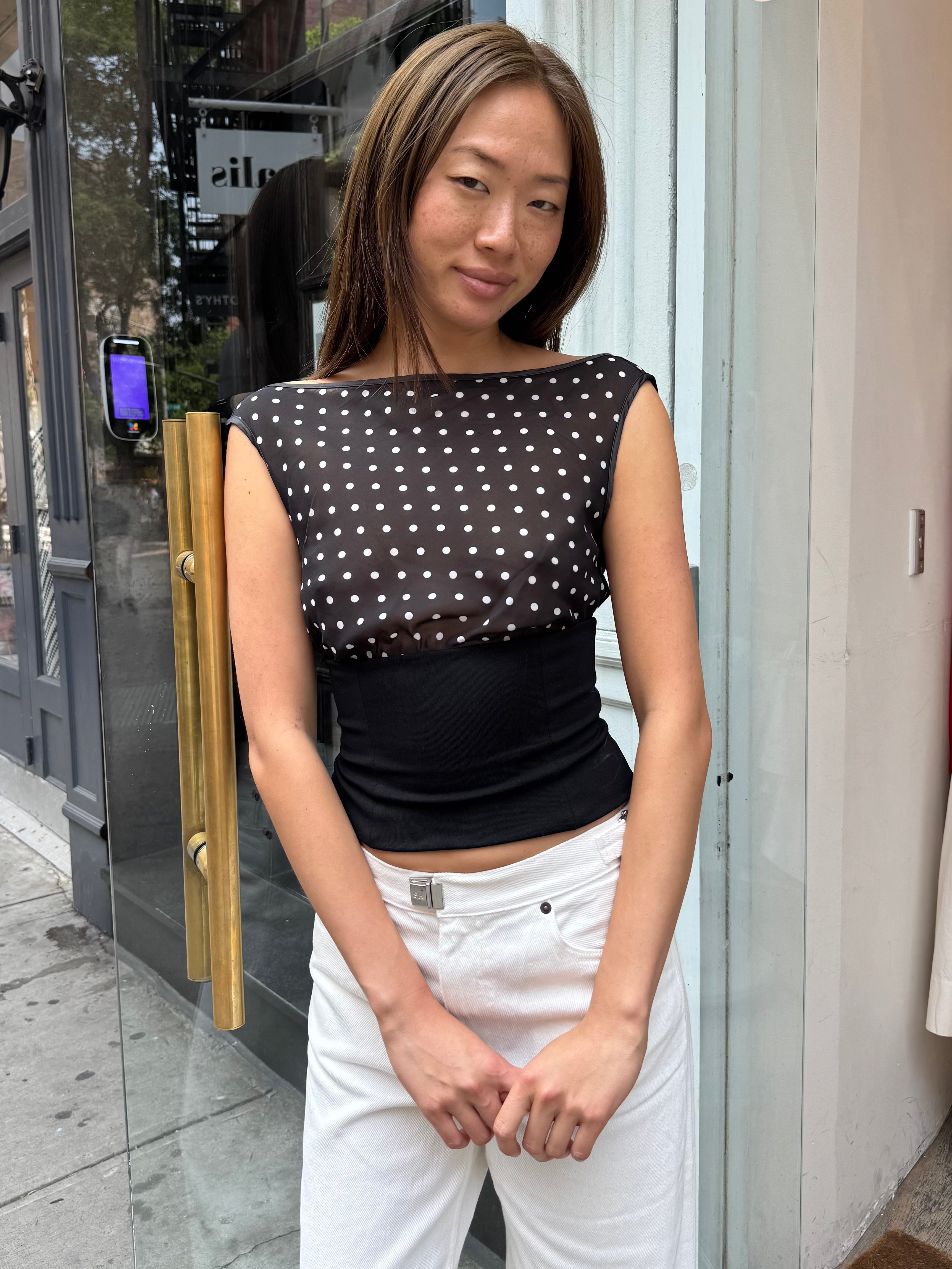 Kordell Neck Top in Black Polka Dot