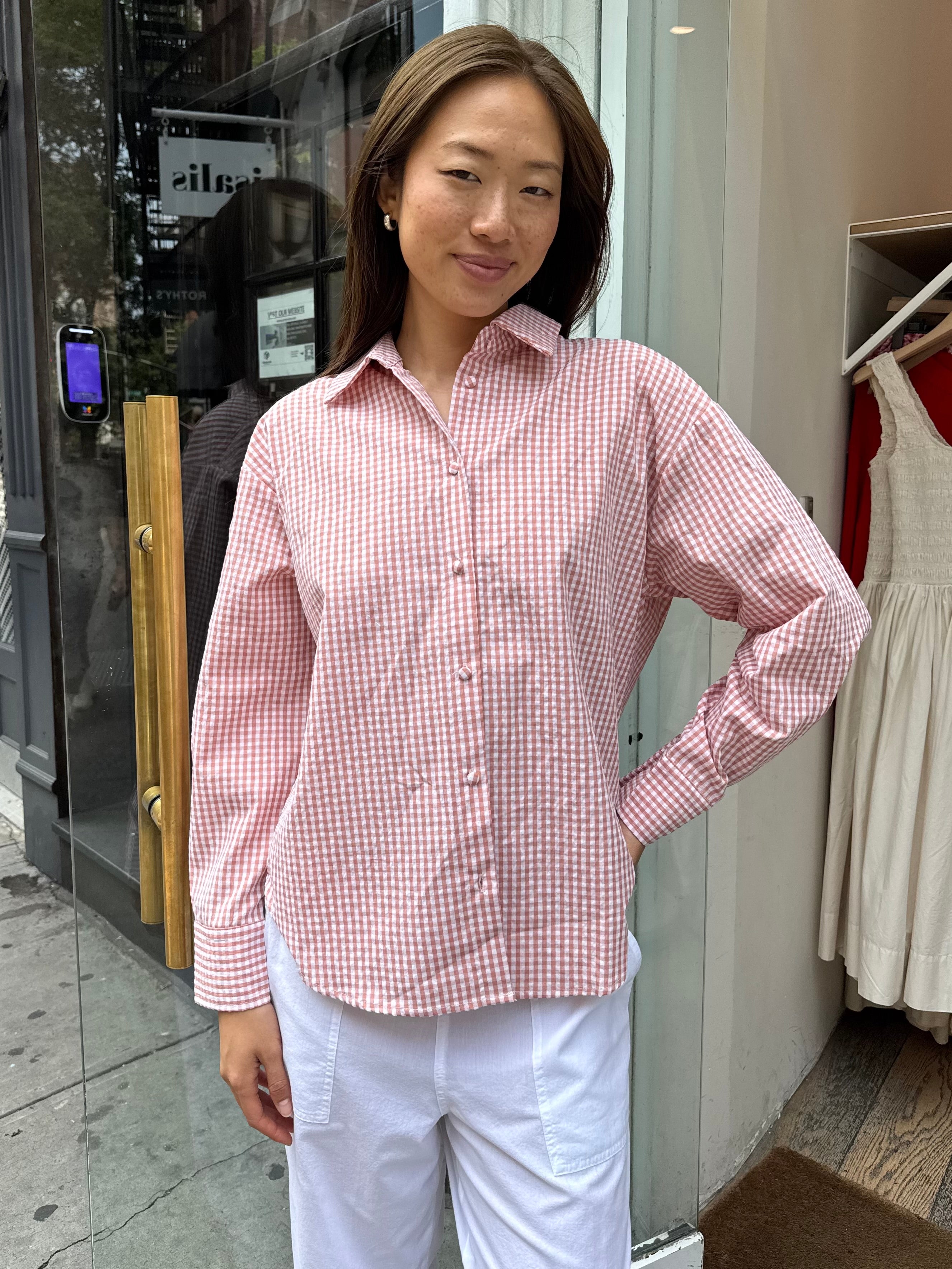 Yulissa Button Down Long Sleeve in Tomato Gingham