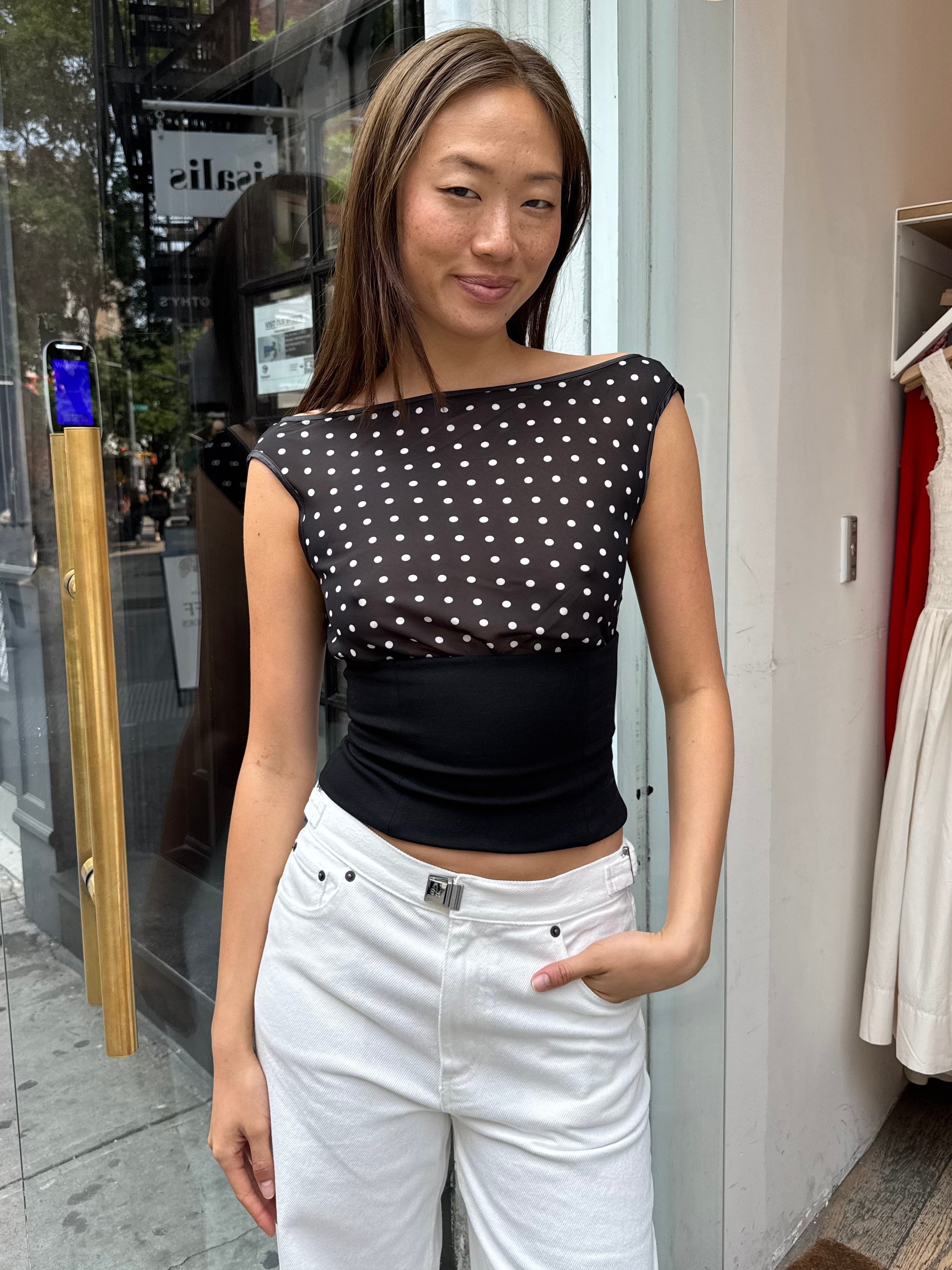 Kordell Neck Top in Black Polka Dot