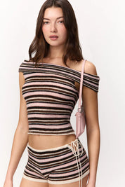 Mabel Off-Shoulder Top in Pink/Chocolate Stripe